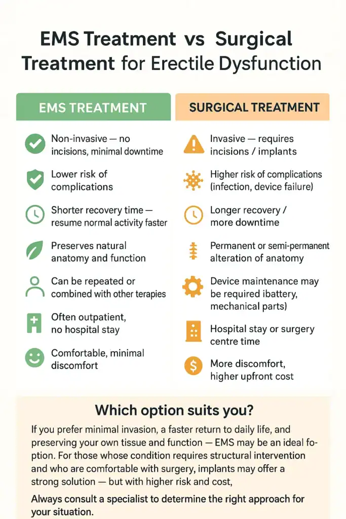 A table showing the benefits of EMS chair for erectile dysfunction treatment Chelmsford compared to surgery.